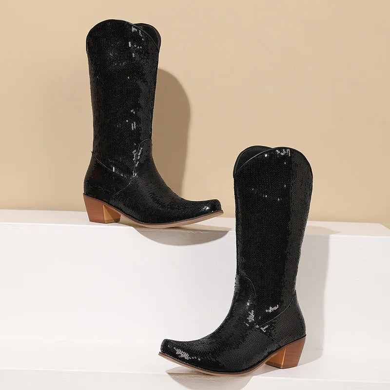 Sequin Bling Chunky Western Boots Women Platform Stylish Comfy Shoes