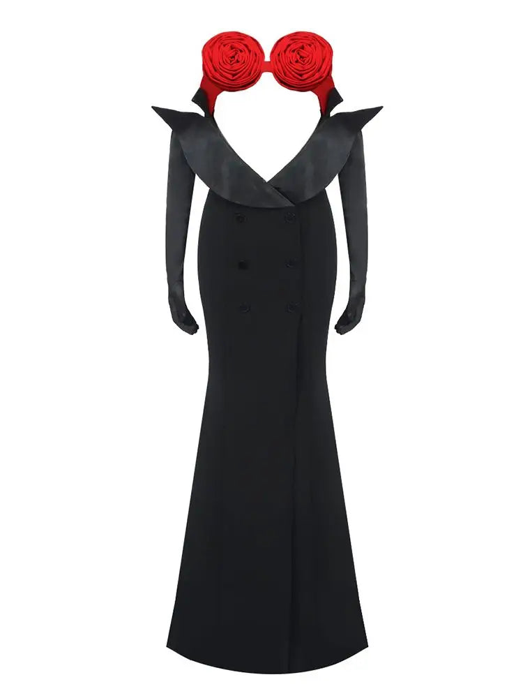 Luxury 3D Flower Strapless Velvet Gloves Long Sleeve Black Bandage Mermaid Evening Dress Vestido