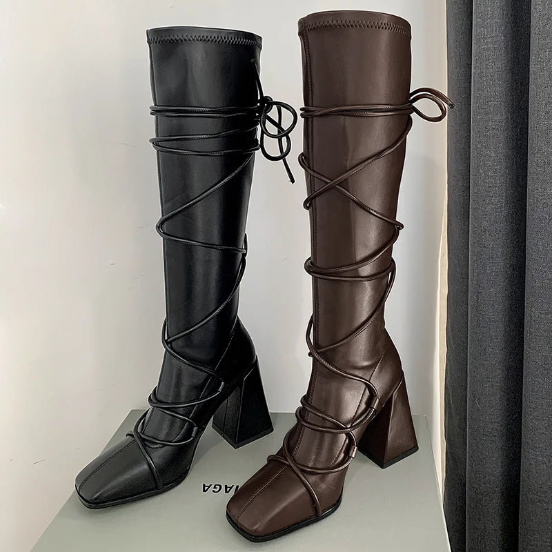 Knee High Long Boots Leather Square Toe Zip High Boots