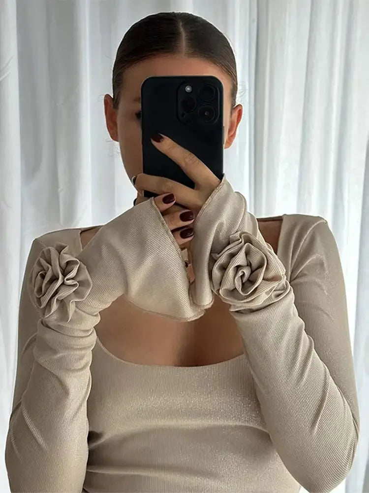 Elegant 3d Floral Slim Midi Dress For Women Solid Square Collar Long Flare Sleeve Vestidos Dresses