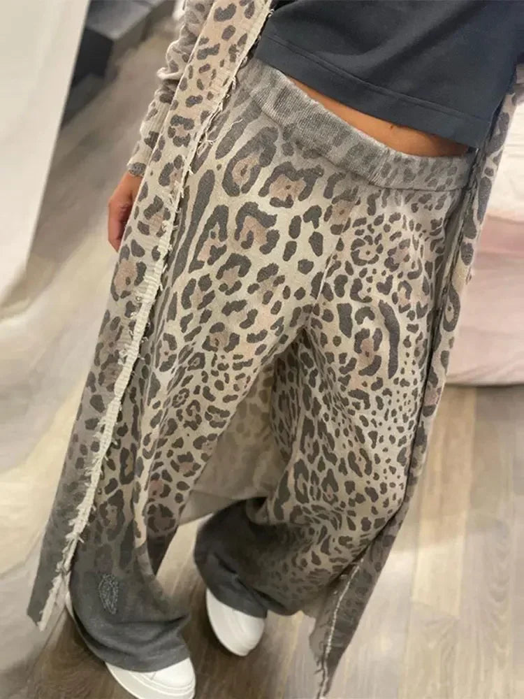 Leopard Print Long Coat Pants 2 Piece Sets Casual Outfit