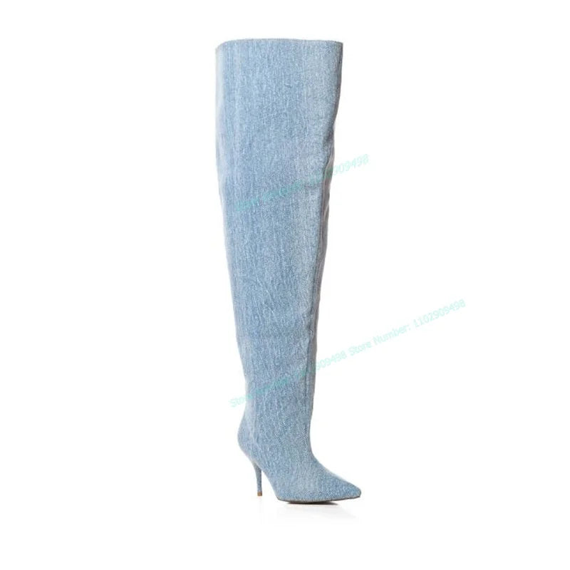 Army Green Denim Knee High Boots Loose Pointed Toe Shoes