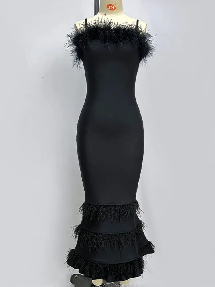 Sleeveless Strapless Feather Mermaid Midi Bandage Dress Black Elegant Celebrity Party Dress