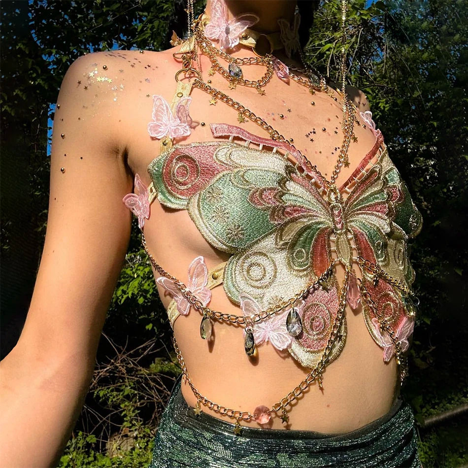 Crystal Chain Butterfly Embroidery Sleeveless Backless Adjustable Ultra Short Top