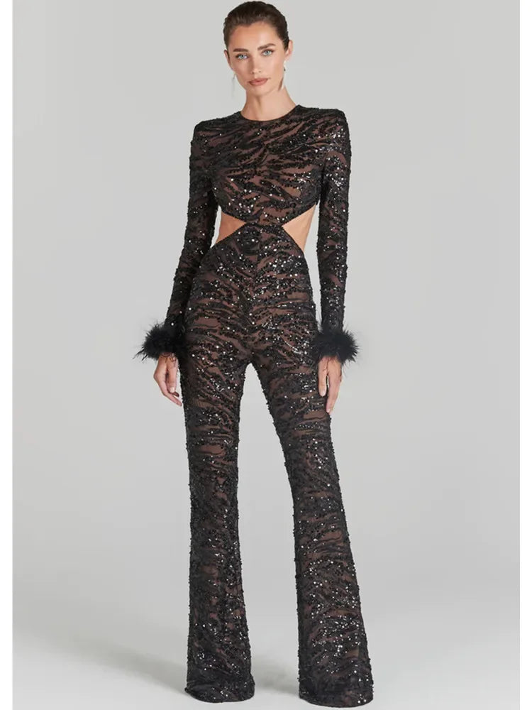 New Winter Cut Out Feather Mesh Sequins Black Bodycon Jumpsuit Celebrity Designer