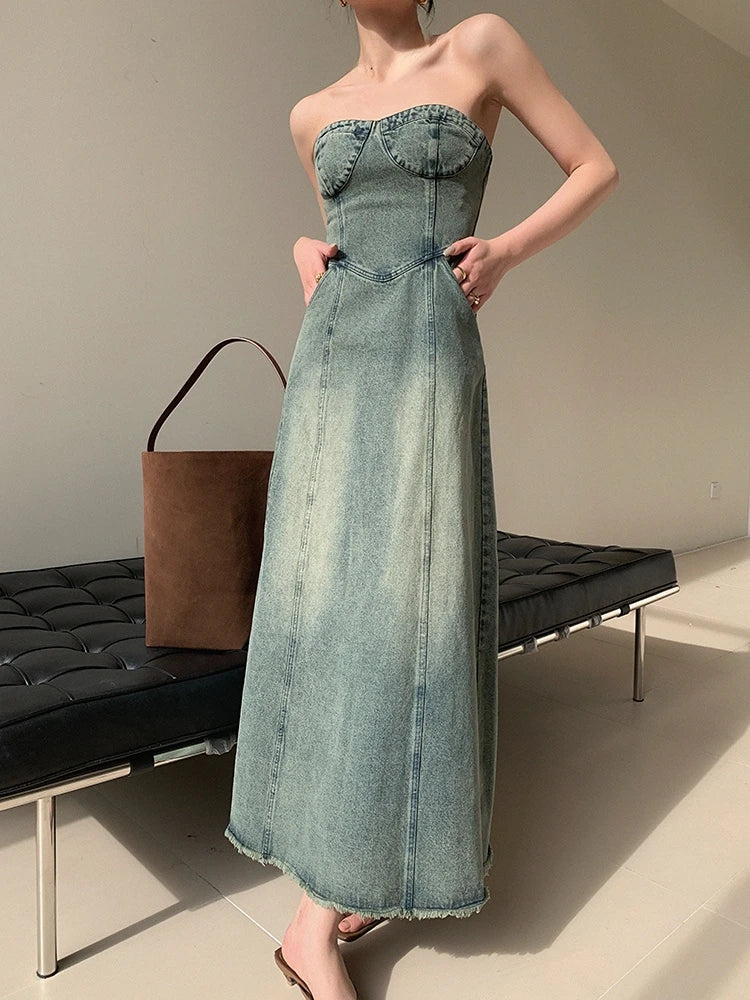 Vintage Elegant Party Midi Dress Denim Strapless Dress A-line Temperament