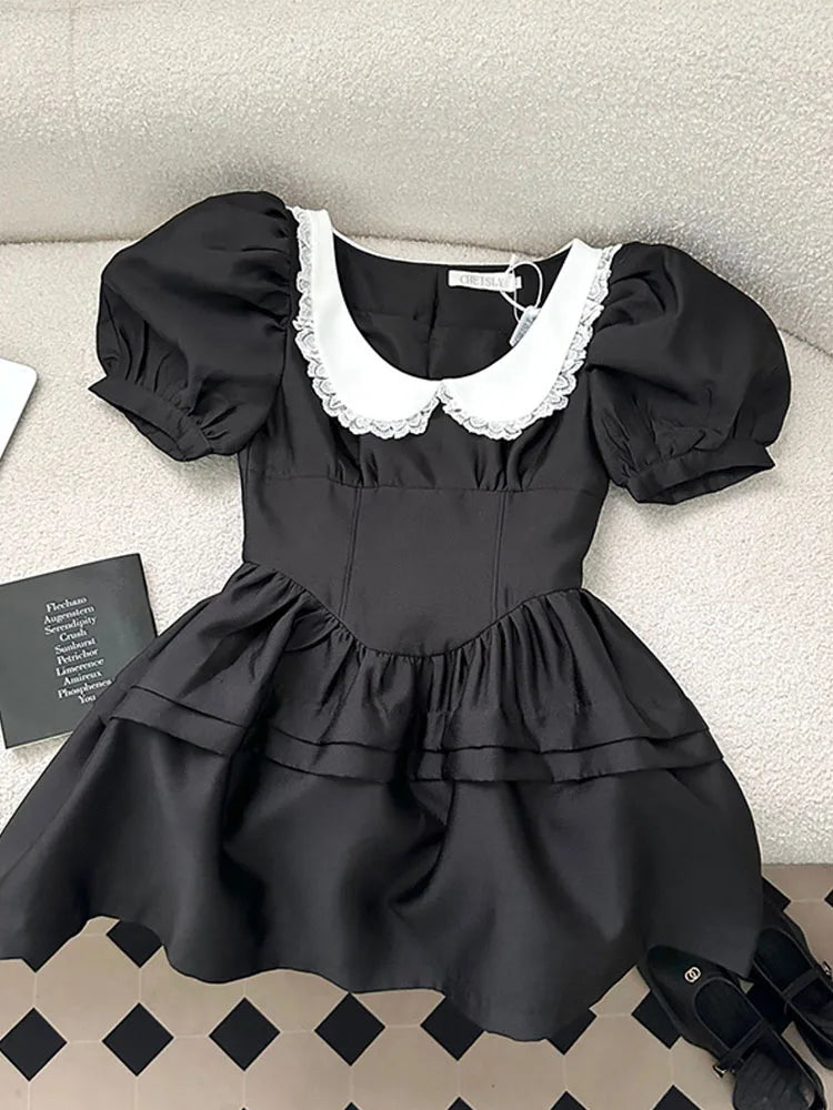 New Design Dress Women Lace A-Line Dress Sweet Puff Sleeve