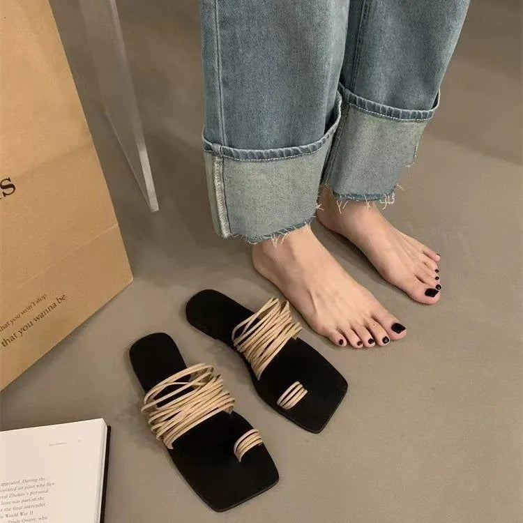 Summer Sandals Open Toe Flat Slippers Square Head Bow Beach Women Shoes Zapatos De Mujer