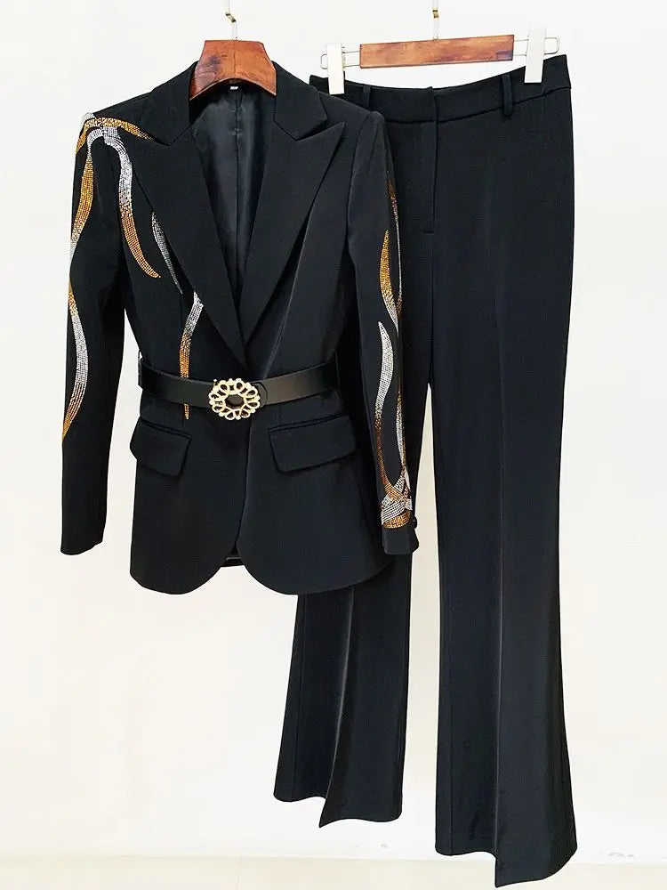 Suit Pants Set Two Piece Office Ladies Printed Business Diamond Belt Single Button Horn Pants Suit+Pants Formal Set