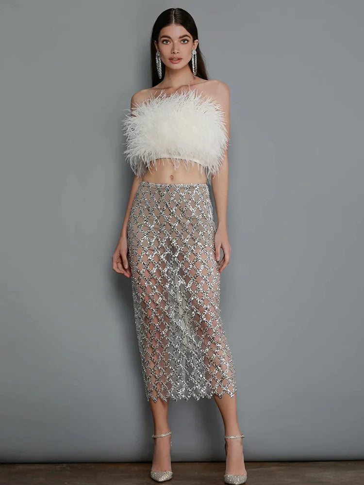 Feathers Sleeveless Slash Neck Tow Piece Set Bodycon Bandage Dress Set Celebrity Party Nightclub Outfits