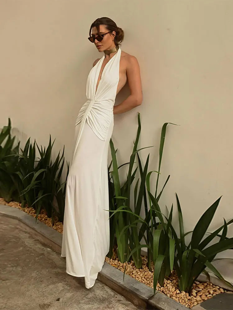 Backless Halter Solid Maxi Dress