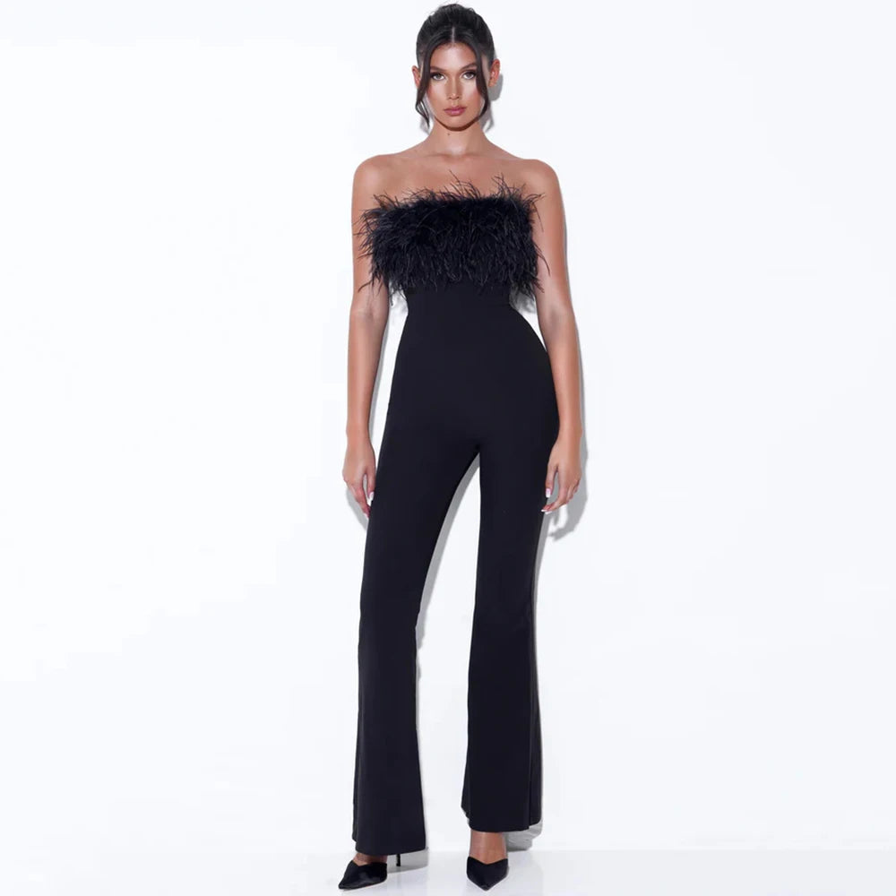 New Arrival Strapless Bandage Feathers Jumpsuits