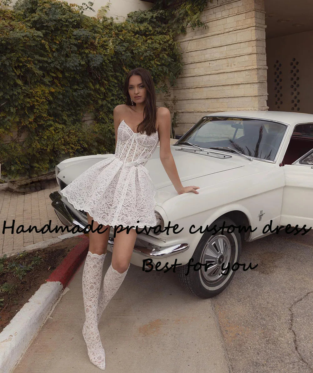 Lace Appliques Sweetheart Wedding Dresses Bone Corset A Line Mini Bride Dress