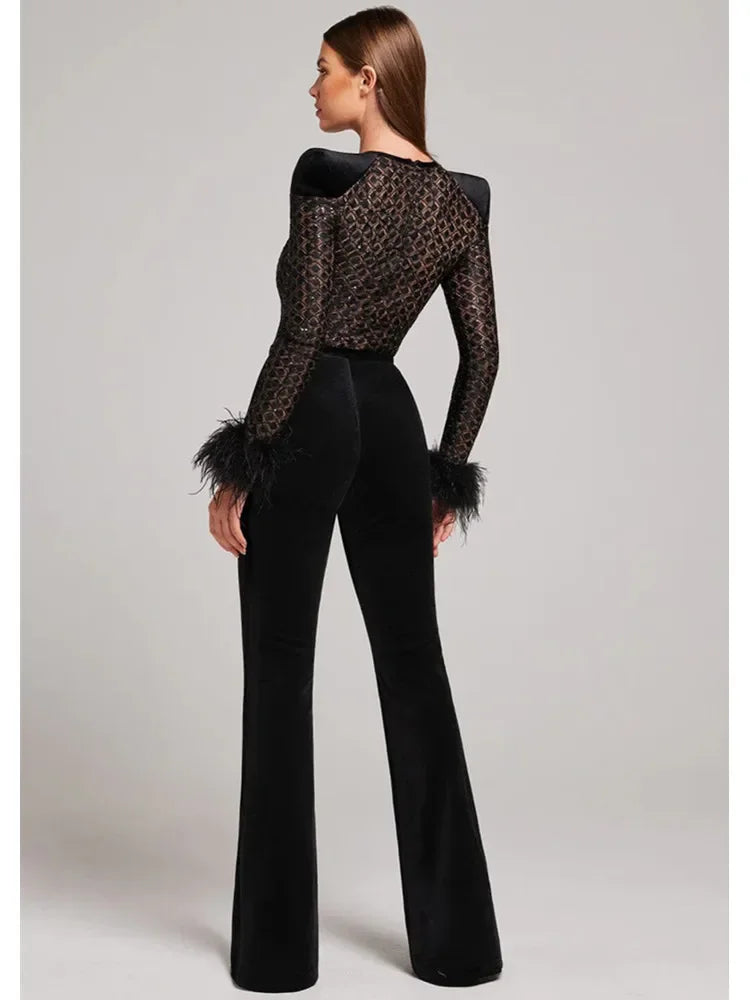 Black Jumpsuit High Quality Long Sleeve Furry Lace Embroidery Top and Bandage Pants Elegant Formal Occassion Rompers