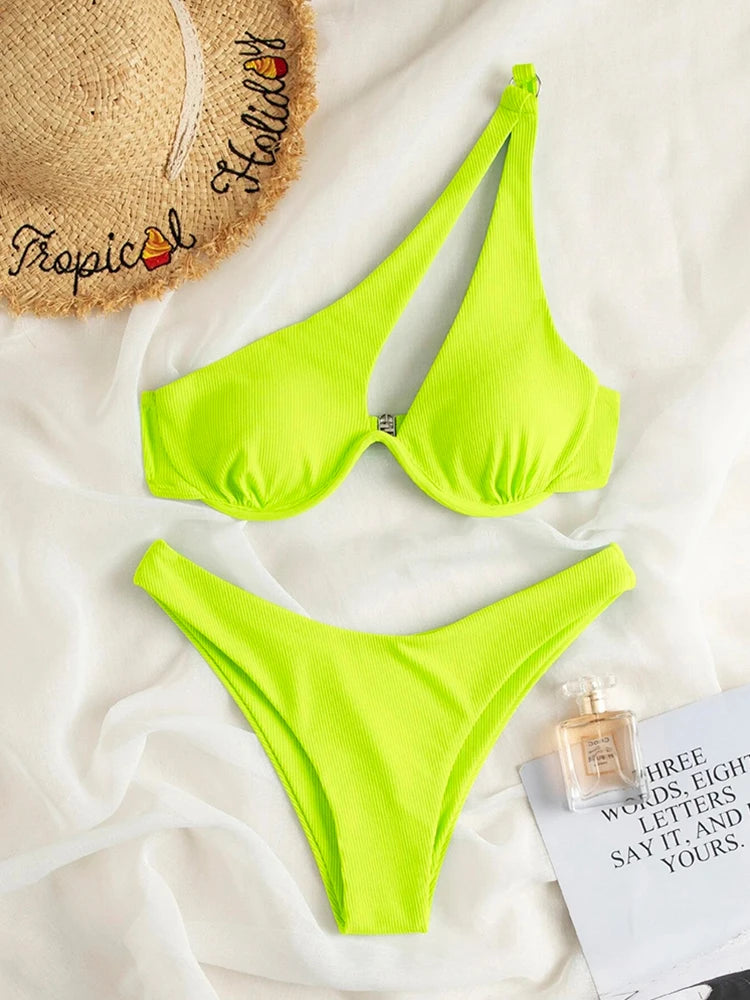 One Shoulder Biquini High Cut Bathing Suits Push Up Beach Bikini Set