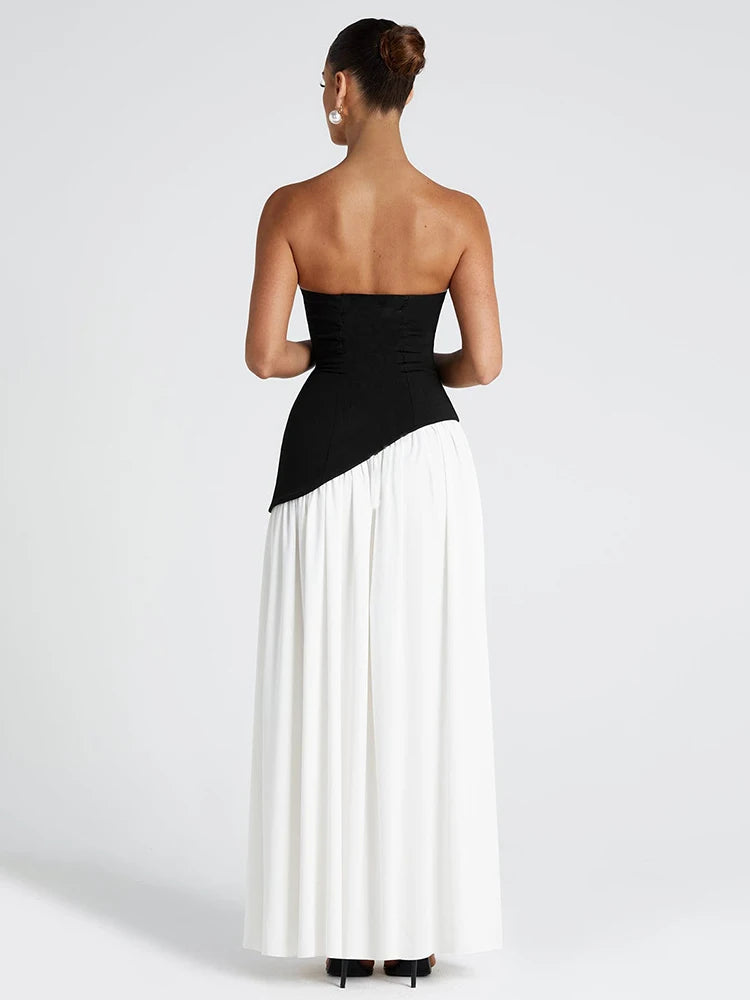 Balitops Patchwork Strapless Maxi Dress Women Scarf Collar Off-shoulder Backless Long Dress