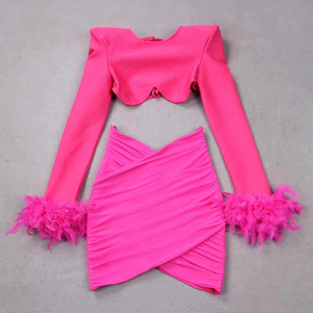 Elegant Bandage Clothing Two Pieces Sets Sexy Feathers Long Sleeve Tops&Skirt Casual Outwear Women Sets