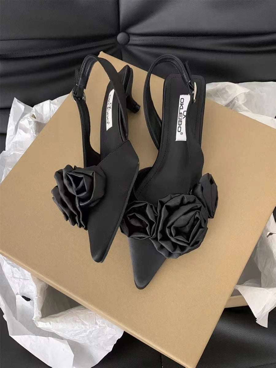 New 3D Flower Women Sandal Fashion Flower Ladies Elegant Dress Slingback Shoes Thin Low Heel Dress Mules Pumps