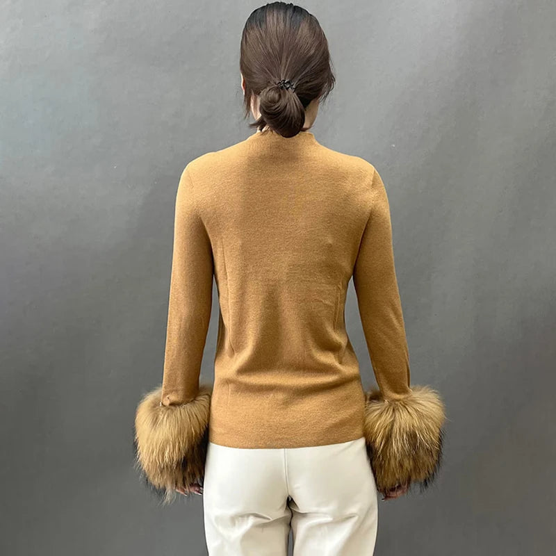 Lady Winter Sweater High Elastic With Raccoon Fur Cuff Women Clothing Detachable Cuff Pullover