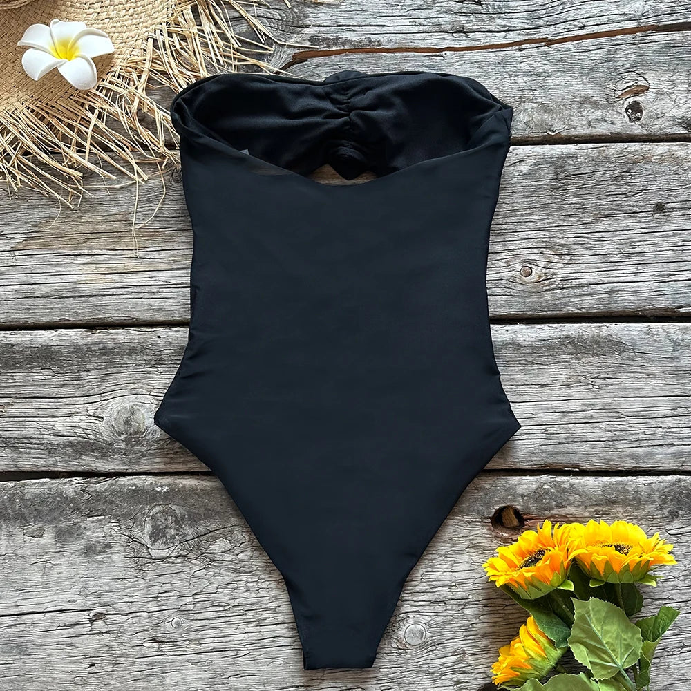 One Piece Women Floral Lace Up Push-Up Padded Bra Black Swimsuit Swimwear Bathing Suit Beachwear Monokini Female