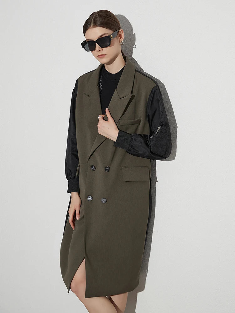 Colorblock Patchwork Pockets Casual Windbreakers Long Sleeve Spliced Button Coats