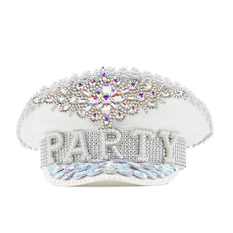 Handmade Sequined & Beaded White Luxury Rhinestone Bridal Hat Wedding Accessories Women Gothic Rave Party Club Wear Cosplay Prop