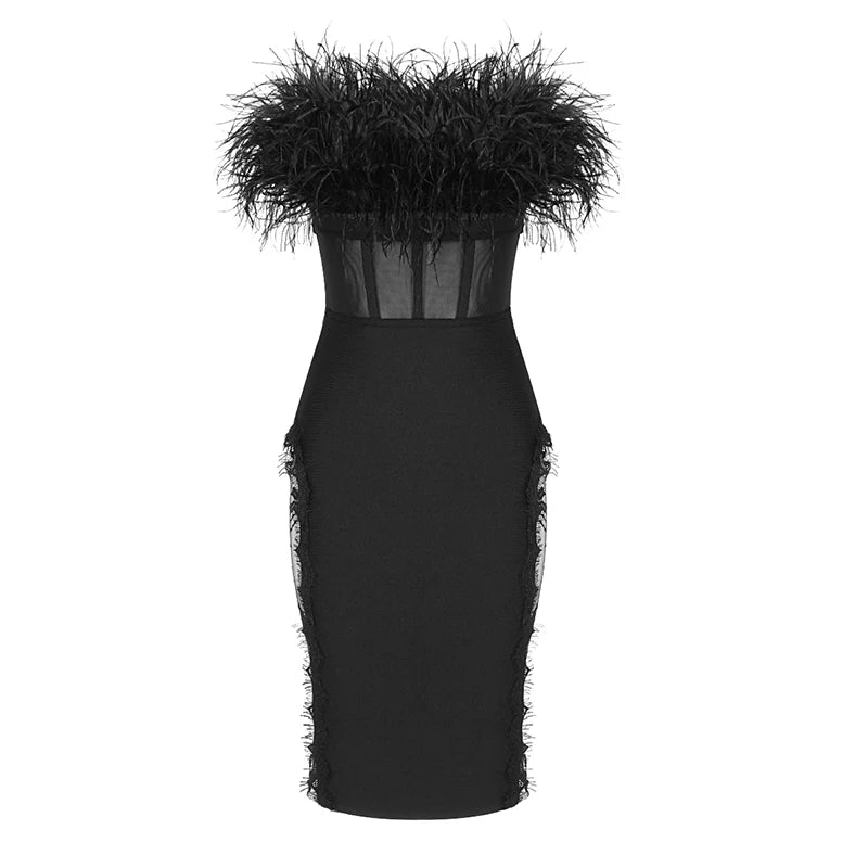 Black White Lace Feather Strapless Tight Sexy Evening Celebrity Cocktail Party Bandage Dress