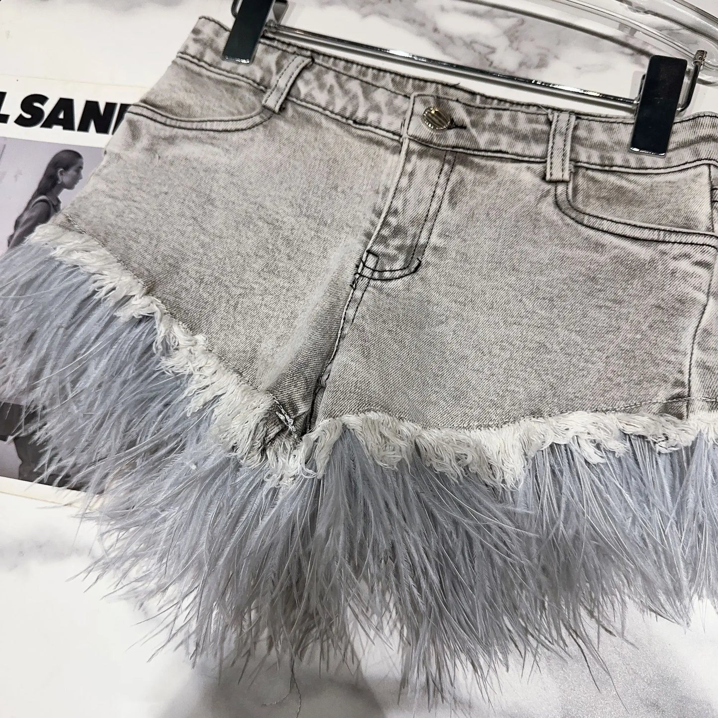 High Waist Feathers Tassel Grey Slim Denim Shorts