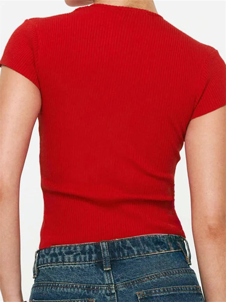 Women's Summer Tops Short Sleeve Round Neck Button Up Slim Fit T-shirt Solid Color Casual Shirts
