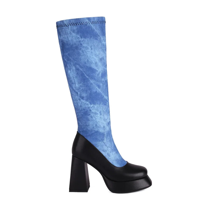 Denim Boots Blue Knee High Platform Boots
