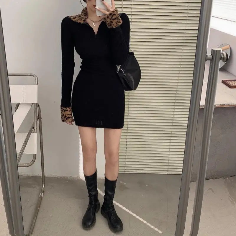Leopard Spliced Mini Dress Autumn Winter Clothing Basic Long Sleeve Slim Lapel Stylish Zipper Dresses