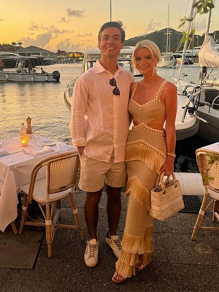 Chic Sleeveless Tassel Splicing Maxi Dress Maxi Vestidos Elegant Beachwear Robe
