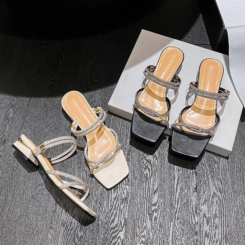 crystal narrow band gladiator sandals women two ways wear low heel sandalias mujer35-43 glitter rhinestone summer schoenen dames