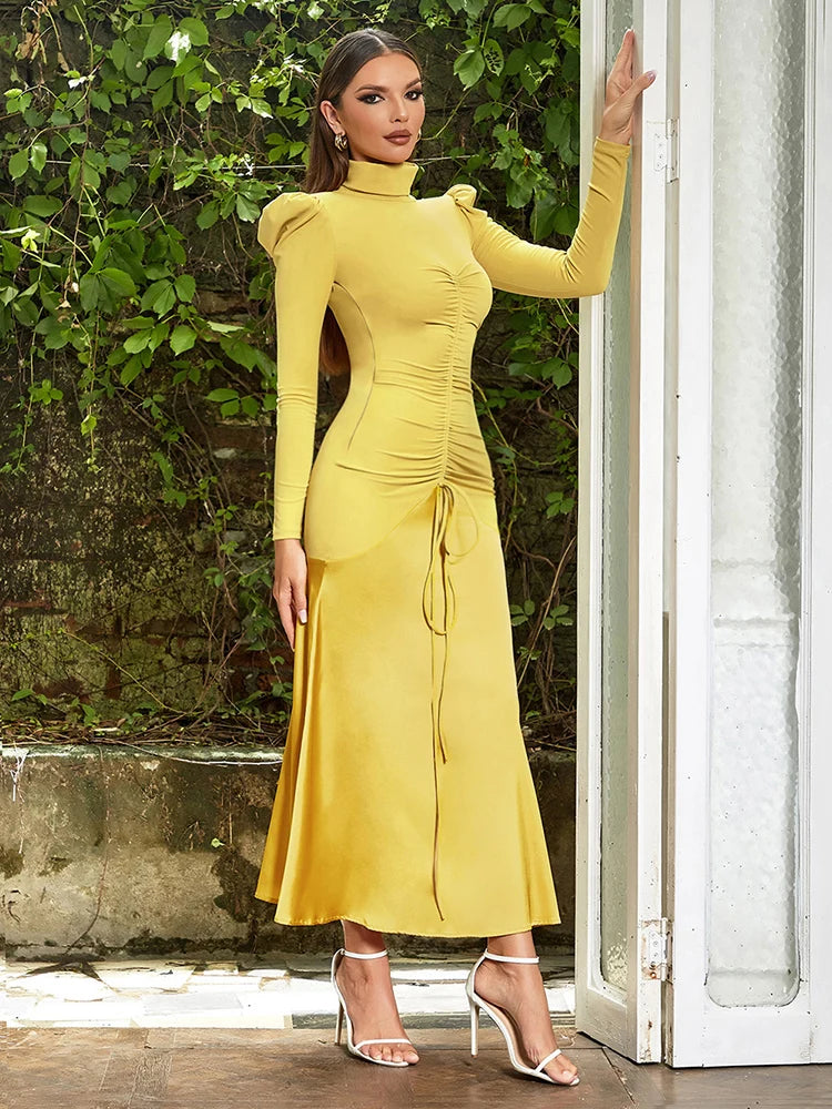 Elegant Long Sleeve Yellow Mermaid Maxi Dresses for Women Satin Patchwork Drawstring Bodycon Evening Party Dress