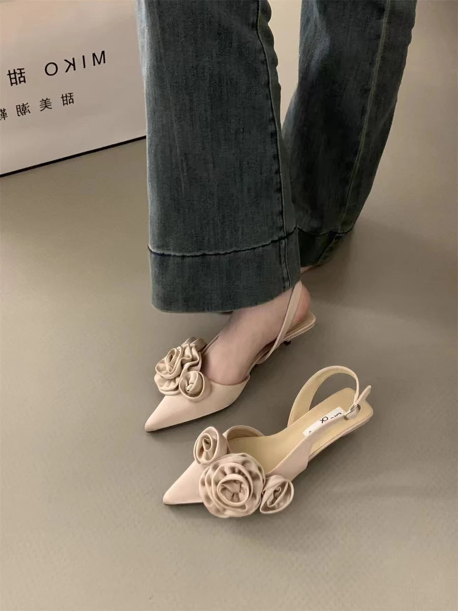 New 3D Flower Women Sandal Fashion Flower Ladies Elegant Dress Slingback Shoes Thin Low Heel Dress Mules Pumps