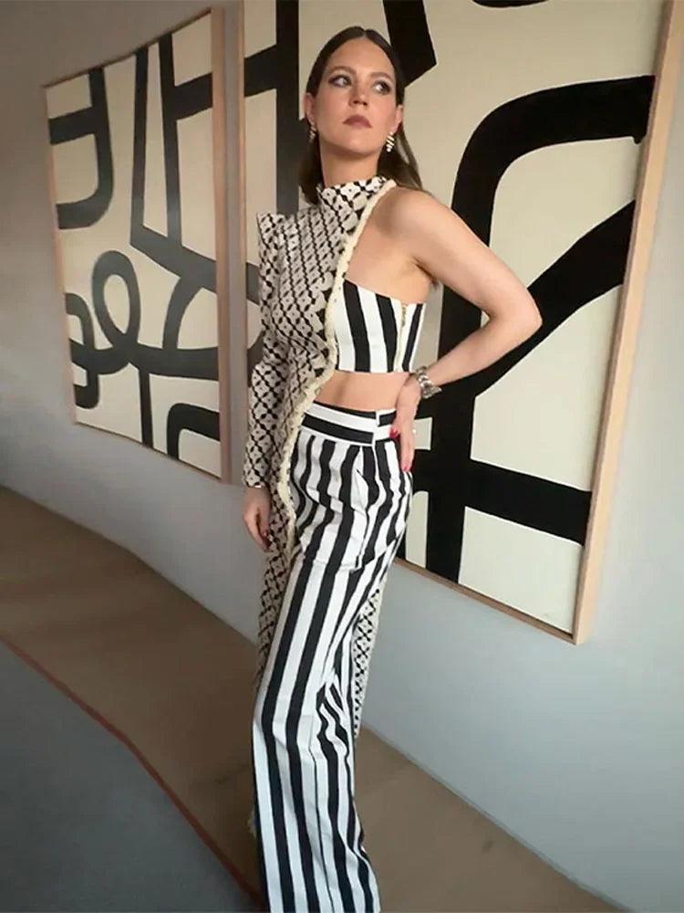 Asymmetrical Printed Pants Suit Elegant Single Shoulder Full Sleeved Long Top Set l