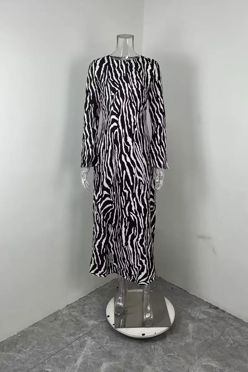 Elegant Women Brown Zebra Stripes Maxi Dress Chic Slim Boho Ankle-length Dress Female Spring Summer Long Sleeve Party Dress