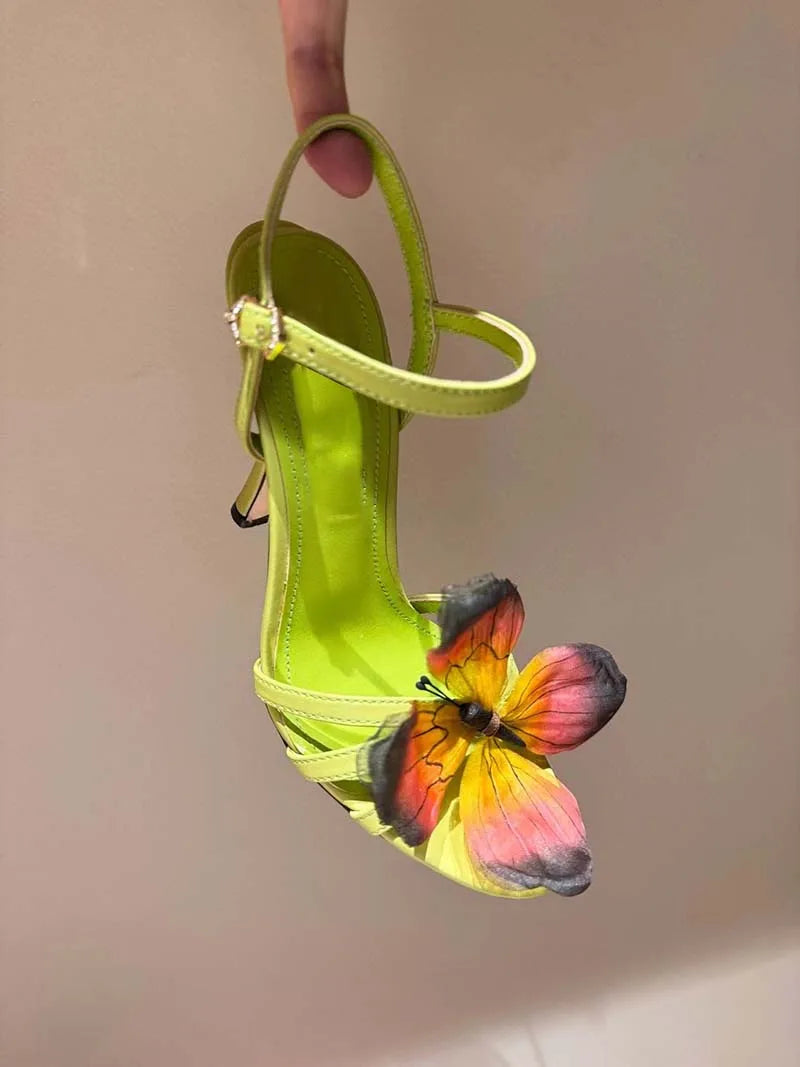 2024 Summer New Green Butterfly Crossed Thin Belt Irregular Heel High Heel Sandals Hollow One Button