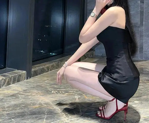 Red Black Shiny Leather 3D Rose Flower Narrow Bands One Line Buckle Sandals Open Toe Stiletto Heels