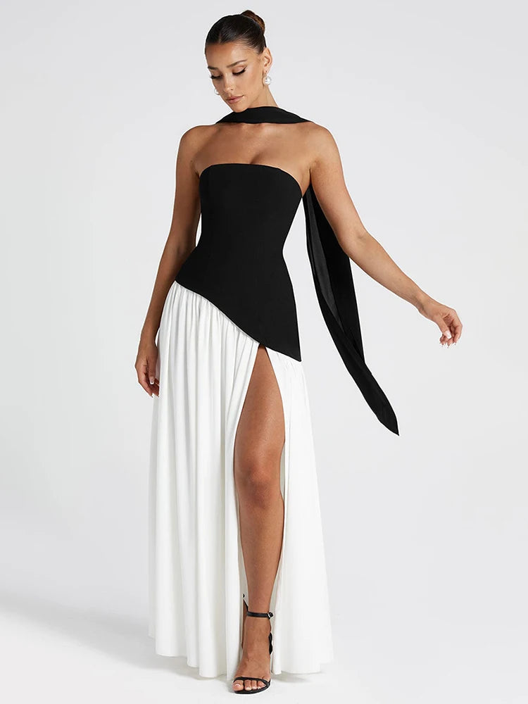 Balitops Patchwork Strapless Maxi Dress Women Scarf Collar Off-shoulder Backless Long Dress