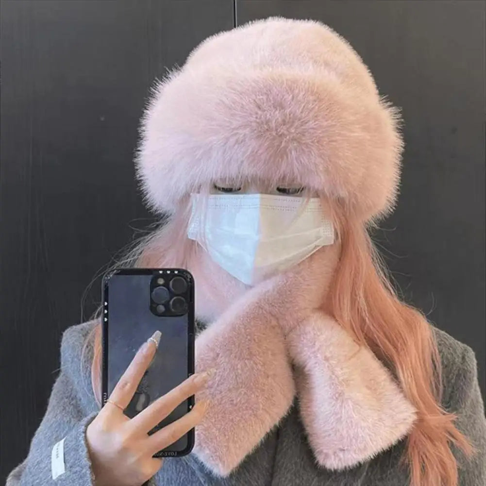 2Pcs Women Winter Russian Hat Neck Warmer Thick Stretchy Keep Warm Dome Cap Outdoor Skiing Skating Headwear
