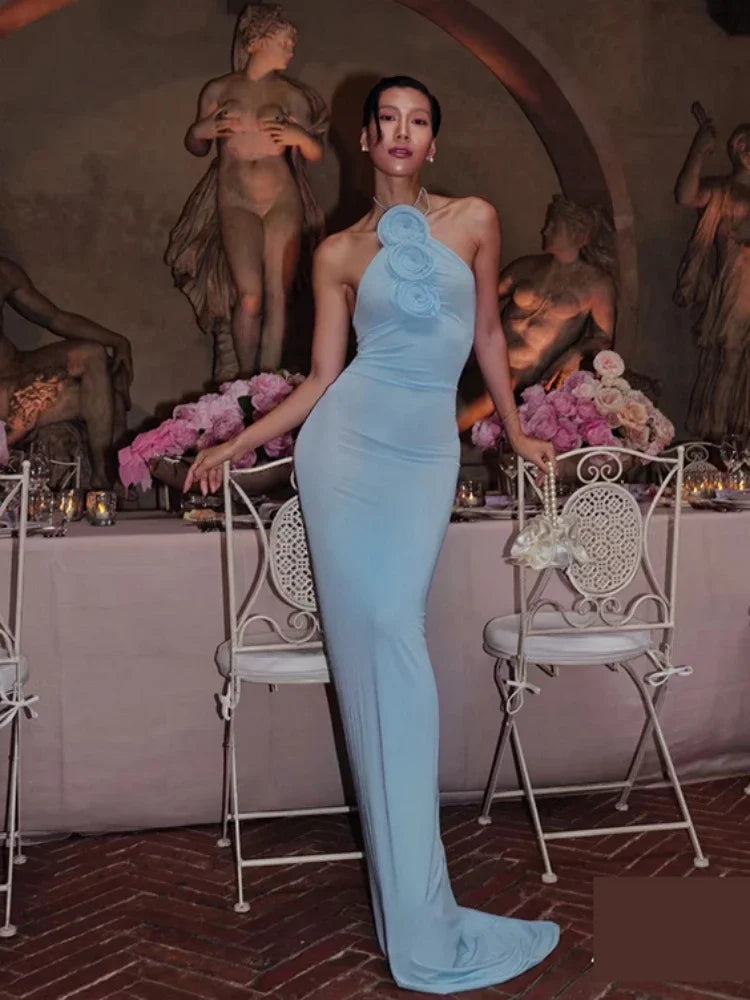 3D Flower Bodycon Long Dress Women Light Blue Sleeveless Lace-up Floor Length Dress