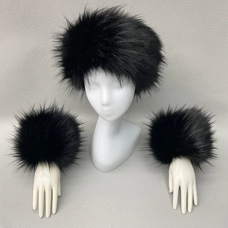 Ring Scarves Cuffs Faux Fur Raccoon Detachable Fur Sleeve Winter Luxury Warm Fox Fur Scarf Wrist Cuffs Gloves Set
