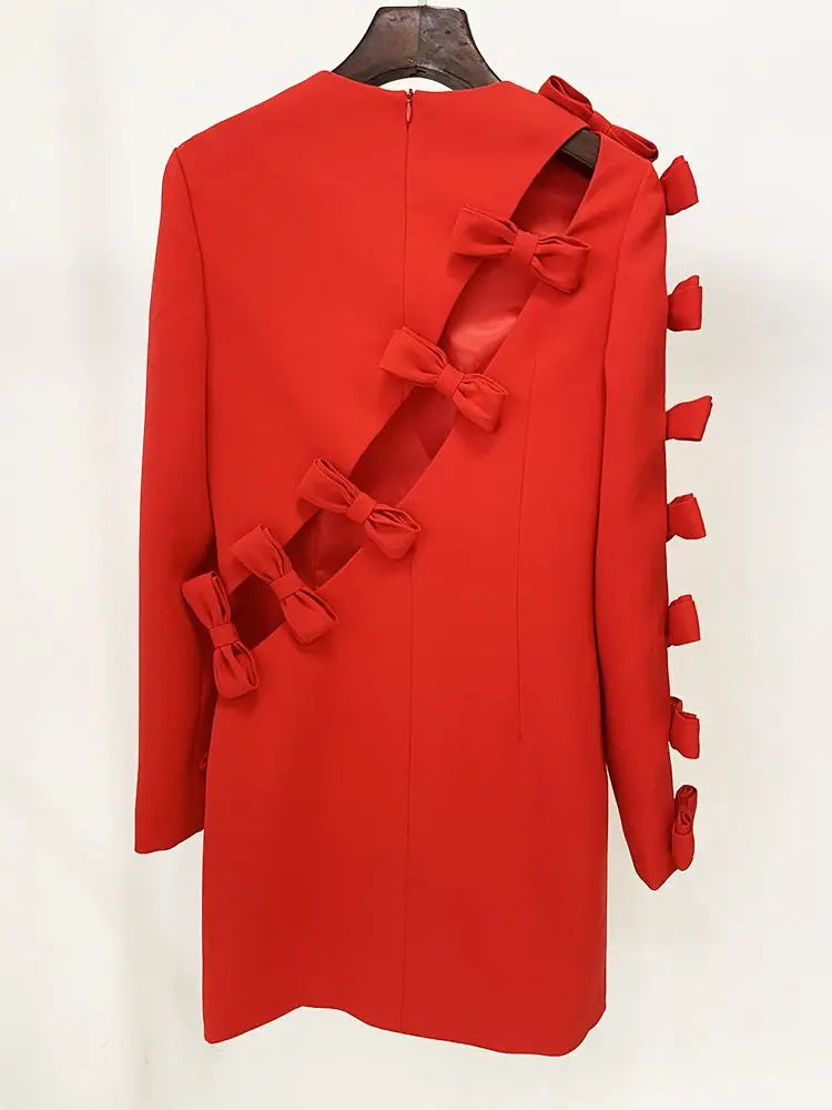 Open Back Hollow Bow Red Black Mini Tight Dress Elegant Evening Dress
