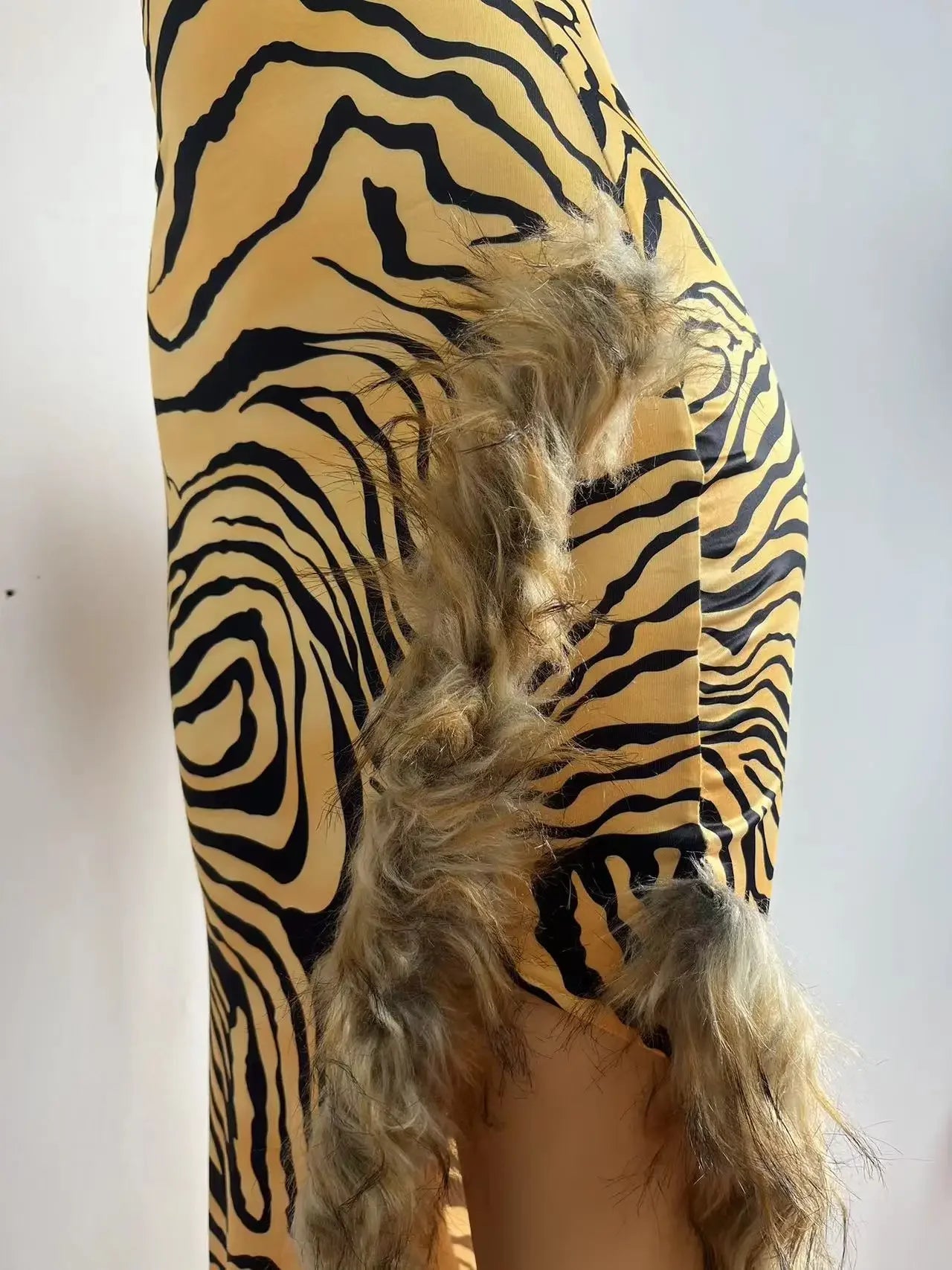 Women Leopard Print Feather High Side Split Strapless Long Midi Dress