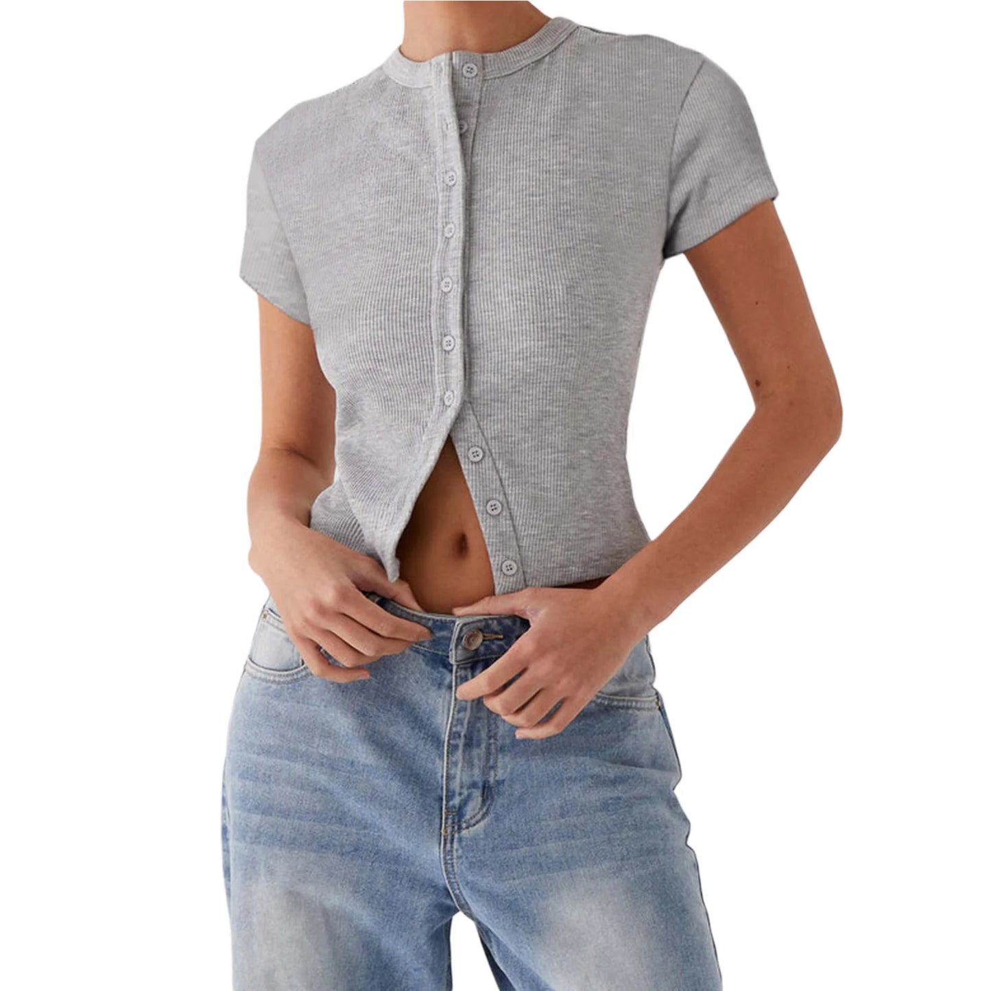 Sumemr Short Sleeve T Shirts for Women Ribbed Casual Slim Fits Tops Tee Fashion Y2K Clothes T-shirt Solid Button Up Tees Tops