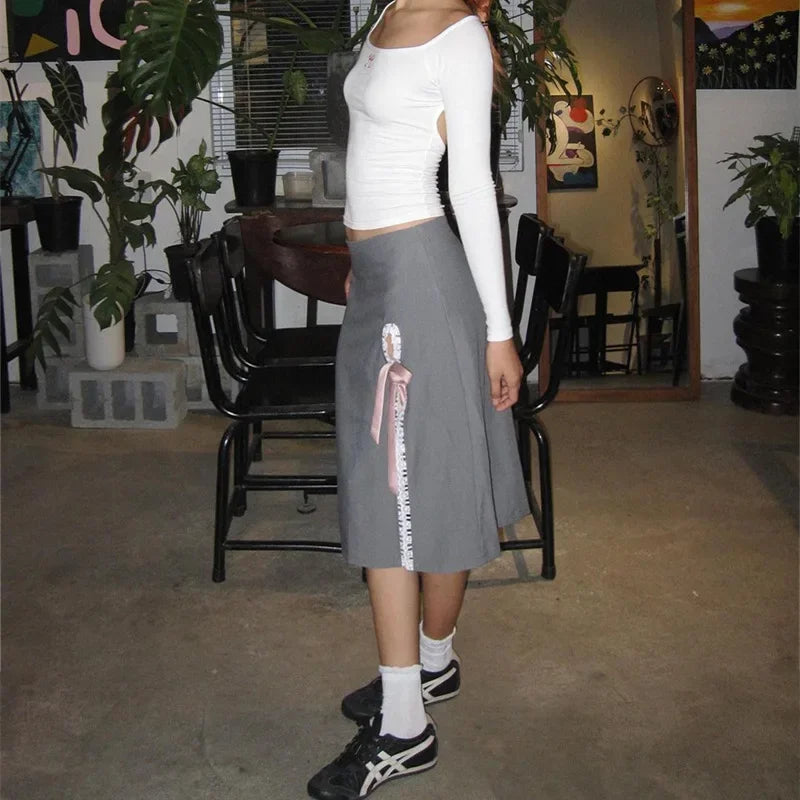 Side Slits Lace Maxi Skirt For Women Kawaii Bow Bandage High Waist Skirts