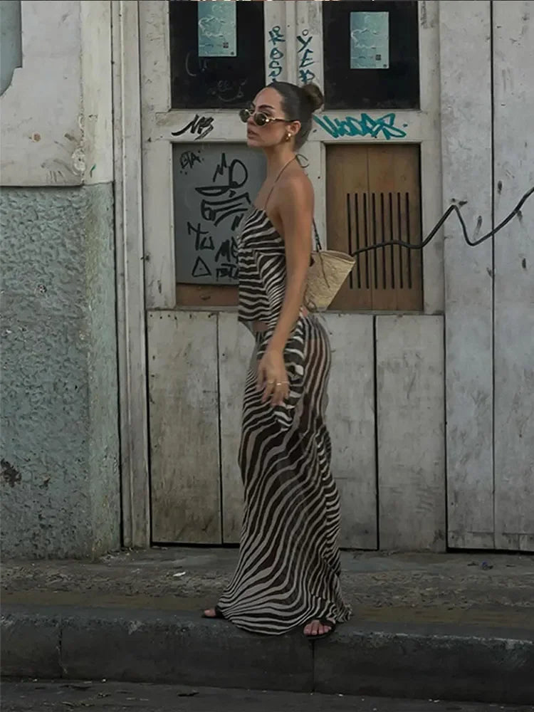 Elegant Lace Up Backless Top Long Skirt Set