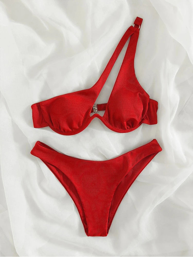 One Shoulder Biquini High Cut Bathing Suits Push Up Beach Bikini Set