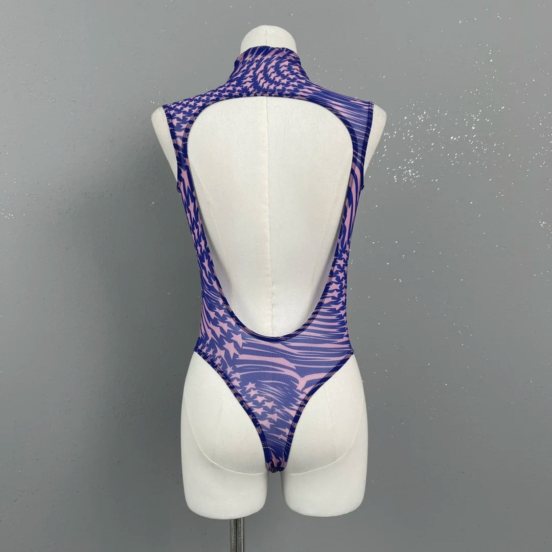 Printed flocked mesh backless sleeveless bodysuit